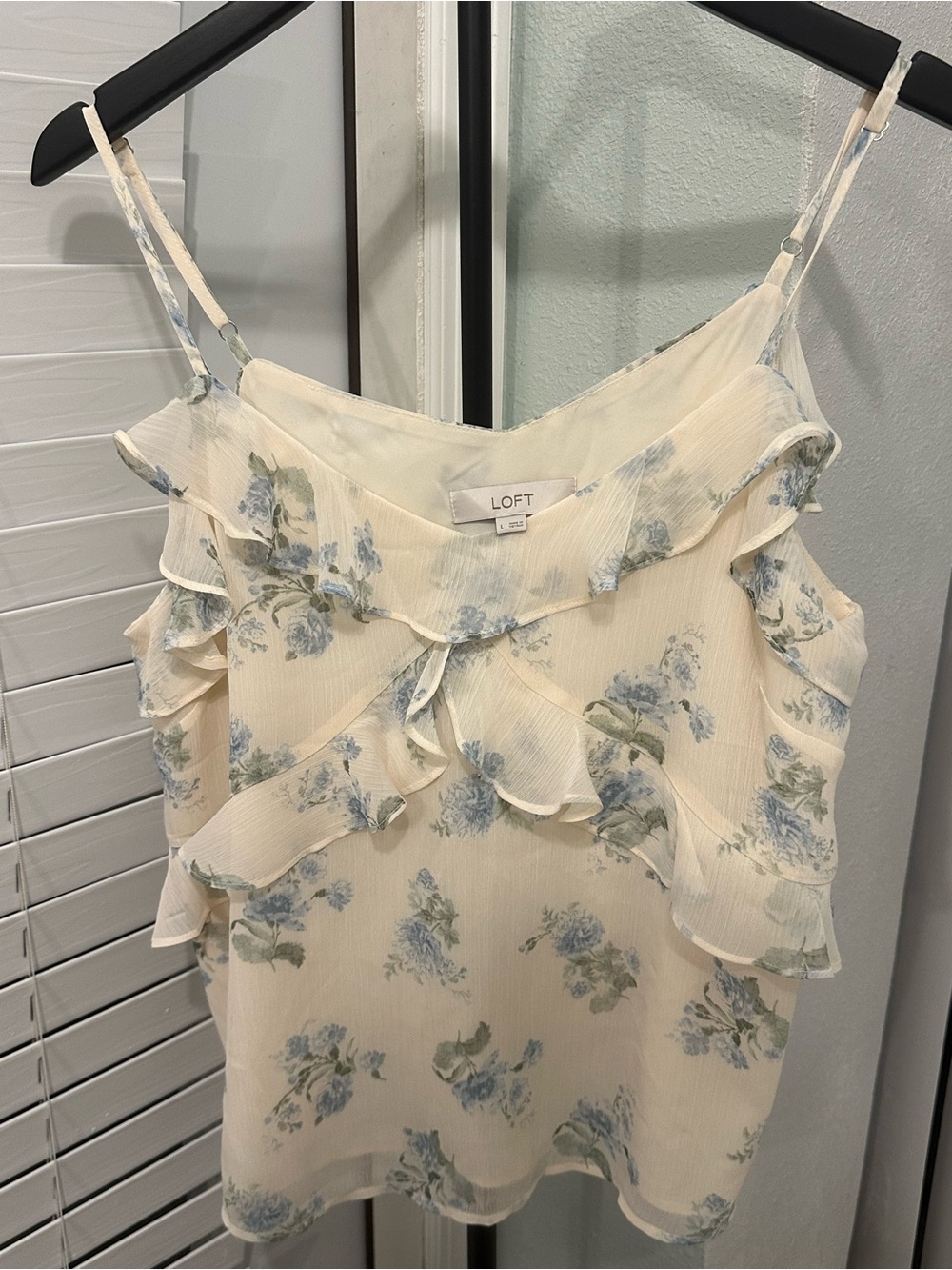 LOFT Cream Floral Ruffle Cami in Blue-Green Bouquet